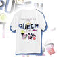 A white oversized tshirt's back side with a print of the design for the K-drama 'Queen of Tears'. Its says ' They made me the queen of tears' and has elements like a crown, four-leaf clover, Hae-in's MP3 player, and their love lock from Germany