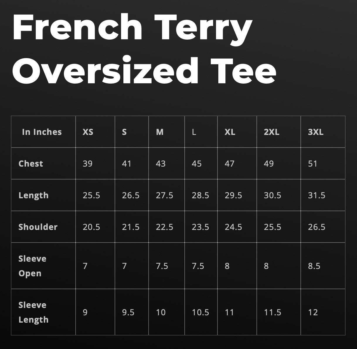 Terry oversized tshirt size chart Hangookd