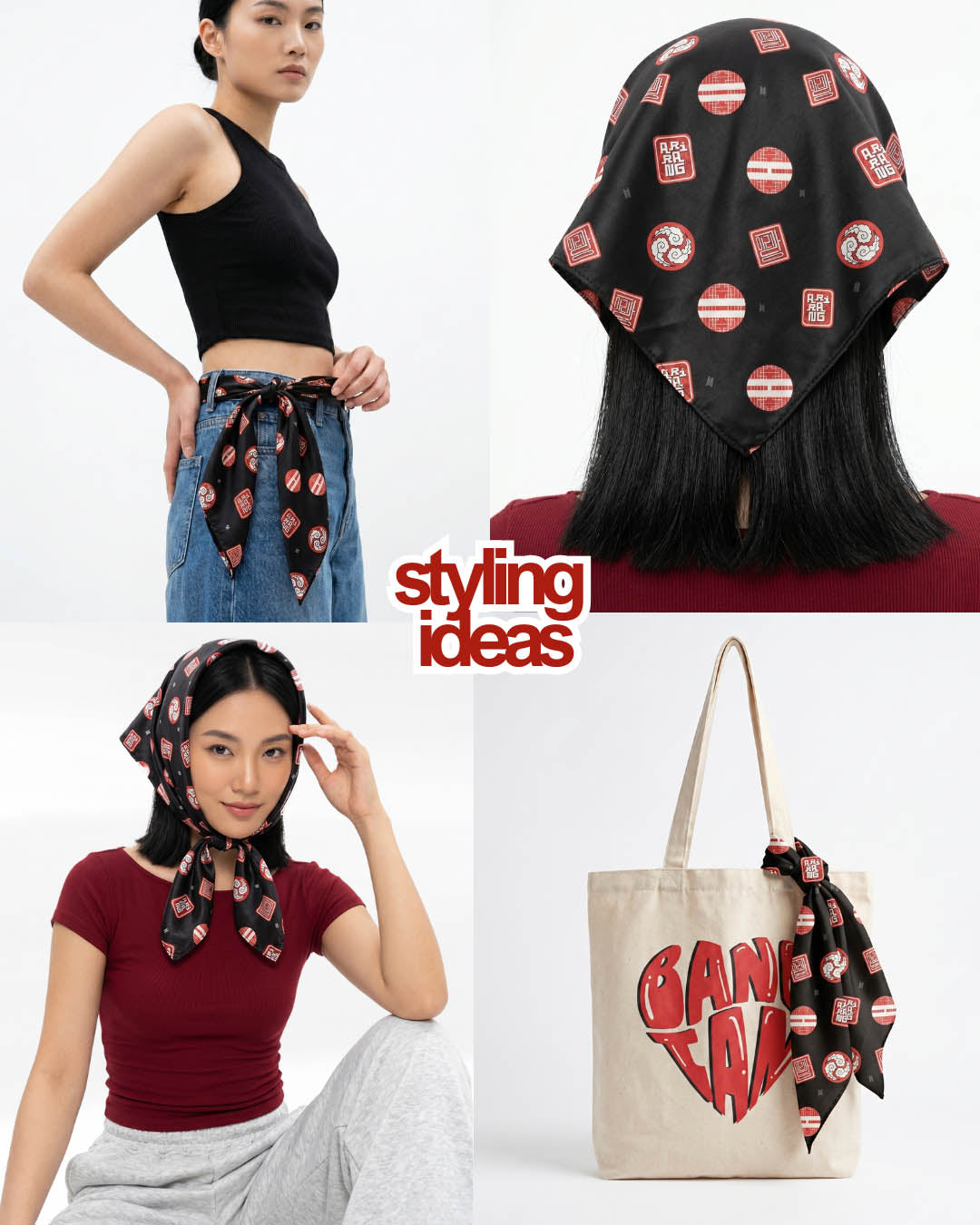 A collage showing a black patterned scarf styled in multiple ways: worn as a head covering, tied around the waist, draped around the neck, and tied to a canvas tote bag. The collage includes a model in a black crop top and blue jeans, a model in a burgundy top and grey sweatpants, and a clean product shot of the tote bag with the scarf.