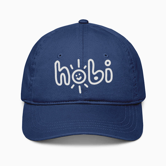 a navy blue cap with BTS' j-hope's cute name 'hobi' embroidery