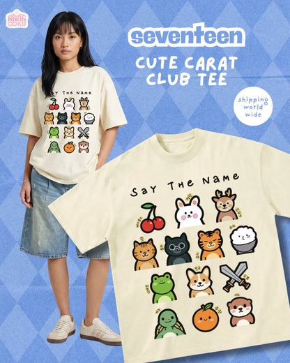 A model wears a cream-colored t-shirt featuring a cartoon animal graphic with the text 'Say The Name', alongside a large flat-lay view of the same shirt design. The background is blue with a geometric pattern, and 'seventeen' branding is visible at the top.