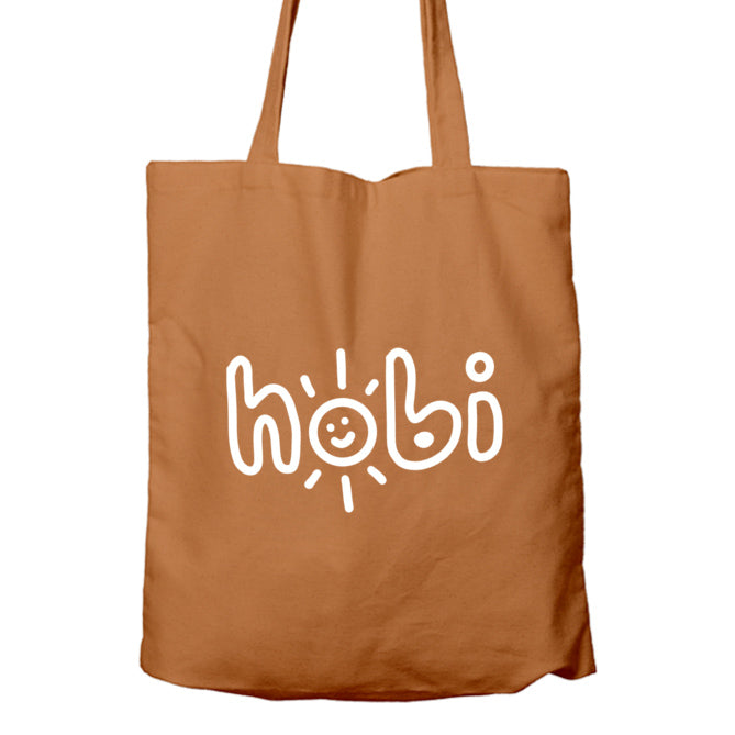 khaki coloured tote bag with hobi printed